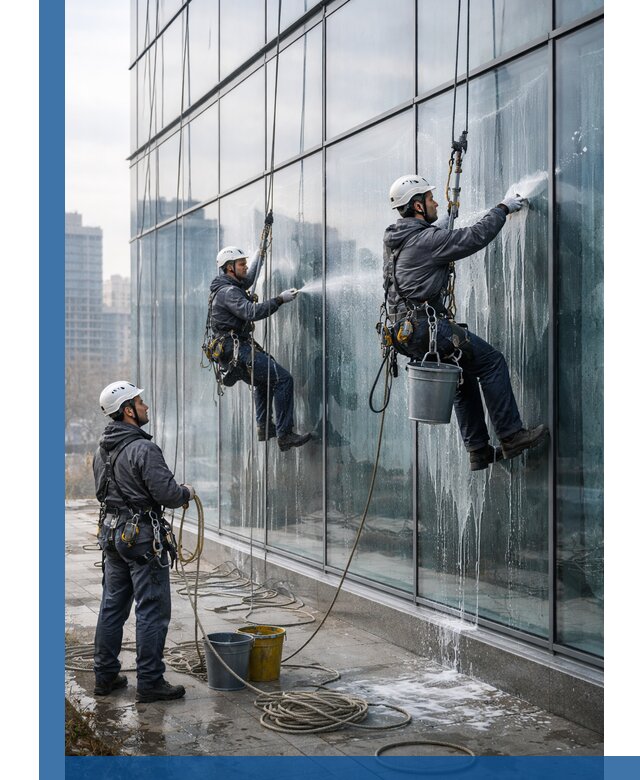 Промышленная мойка панорамных окон на высоте в Угличе