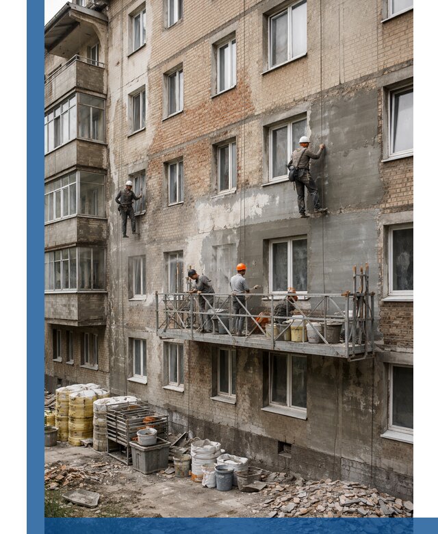 Капитальный ремонт фасада в Угличе с восстановлением и гидроизоляцией