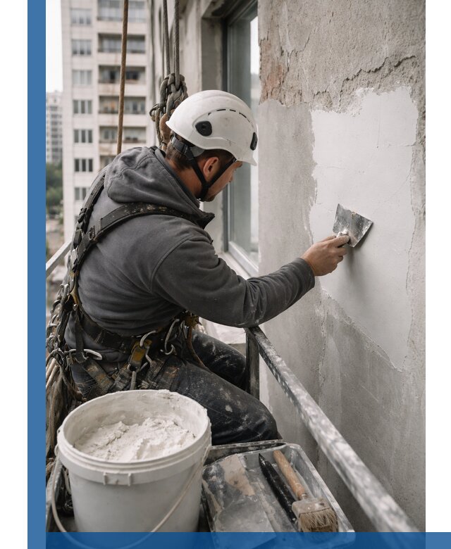 Шпаклевка фасадов на высоте с промальпинистами в Угличе