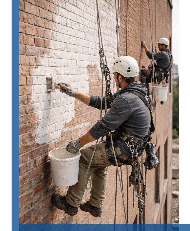 Покраска кирпичного фасада с доступным альпинистским сервисом в Угличе