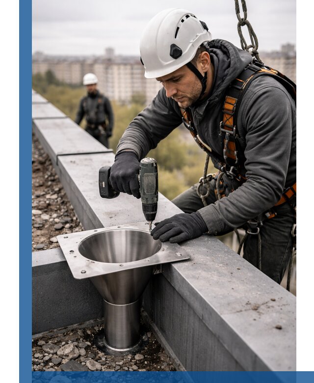 Монтаж водосточных воронок в Угличе для промышленных зданий