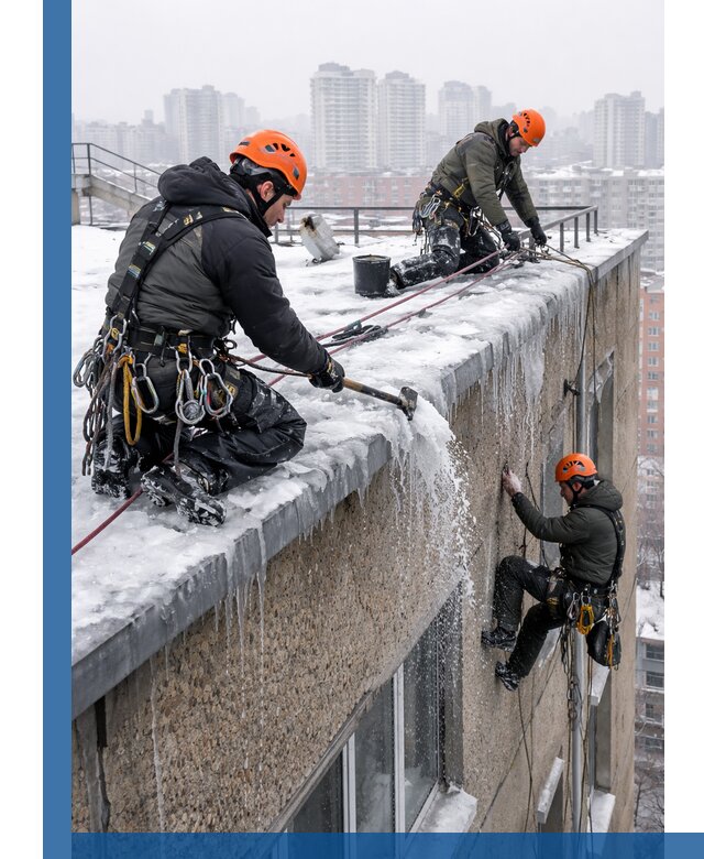 Удаление наледи с кровли в Угличе промышленными альпинистами