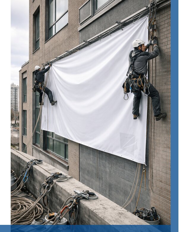 Монтаж баннеров на фасаде в Угличе от 677 р. заказать ВЫСОТНИК-Глч