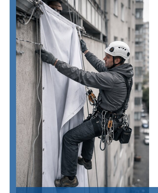 Замена баннерного полотна промышленными альпинистами в Угличе