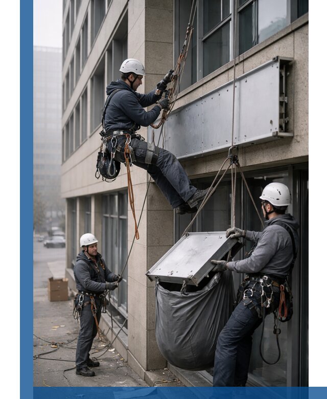 Демонтаж рекламной вывески с высотными работами в Угличе