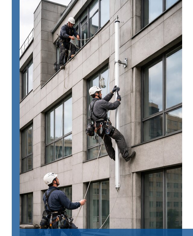 Монтаж флагштока на фасаде здания с креплением и герметикой в Угличе