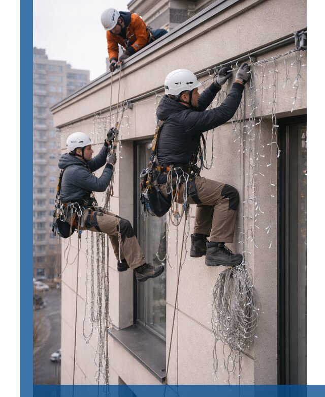 Монтаж праздничных гирлянд на фасаде в Угличе для зданий