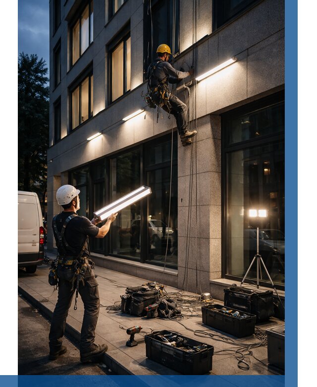 Монтаж архитектурной подсветки здания в Угличе от 2605 р.|ВЫСОТНИК-Глч