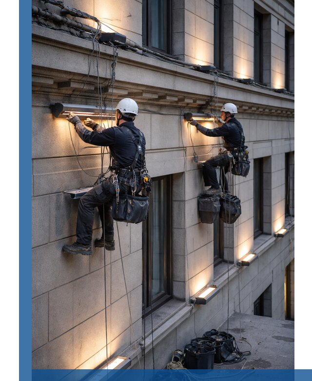 Монтаж архитектурной подсветки фасадов зданий в Угличе