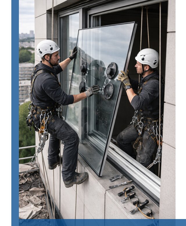 Замена стеклопакетов на высоте с промышленными альпинистами в Угличе