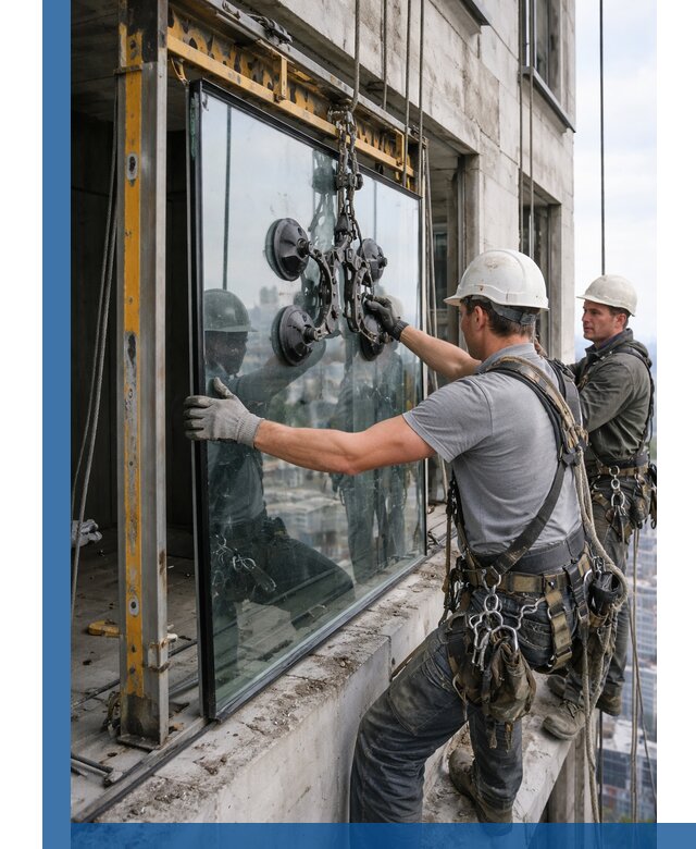 Монтаж стеклопакетов на высоте в Угличе с промышленным альпинизмом