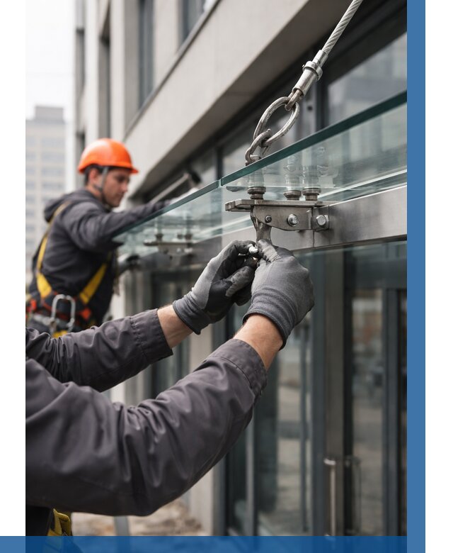 Монтаж стеклянных козырьков в Угличе от 8857 р. | ВЫСОТНИК-Глч