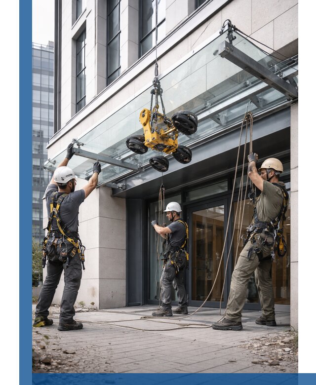 Монтаж стеклянных козырьков под ключ в Угличе для зданий