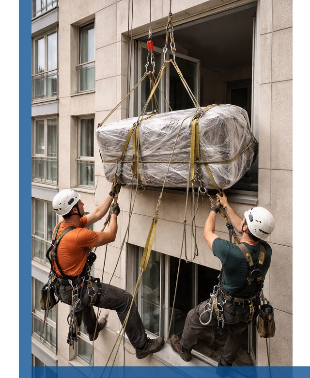 Подъем грузов через окно в Угличе промышленными альпинистами