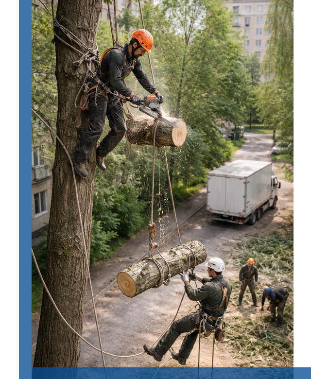 Спил деревьев альпинистами в Угличе, безопасно и без повреждений