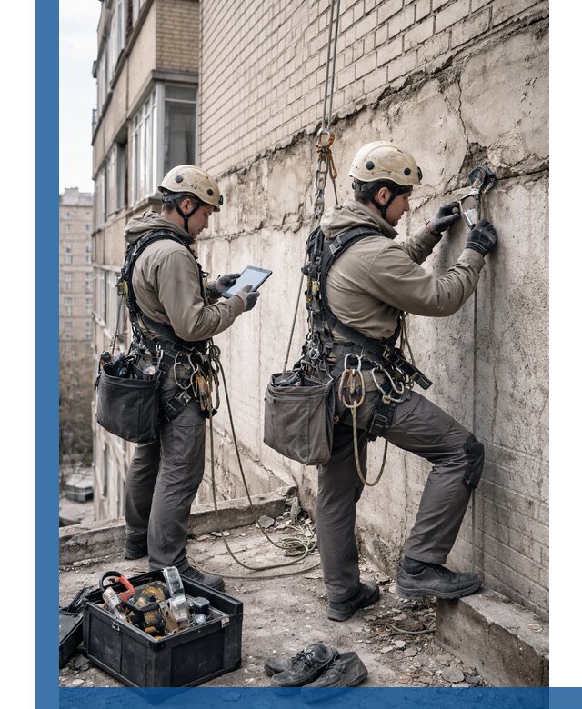 Обследование фасада промышленными альпинистами в Угличе